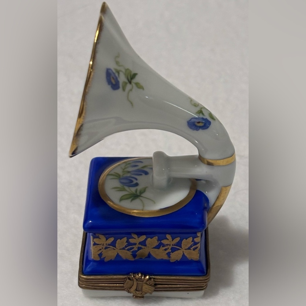 Vintage Limoges Trinket Box, Gramophone/Victrola, Floral with Blue/Gold accents